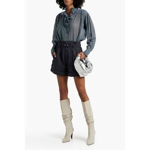 Isabel Marant Kalosco Belted Cotton Pleated High Waisted Shorts Midnight Small